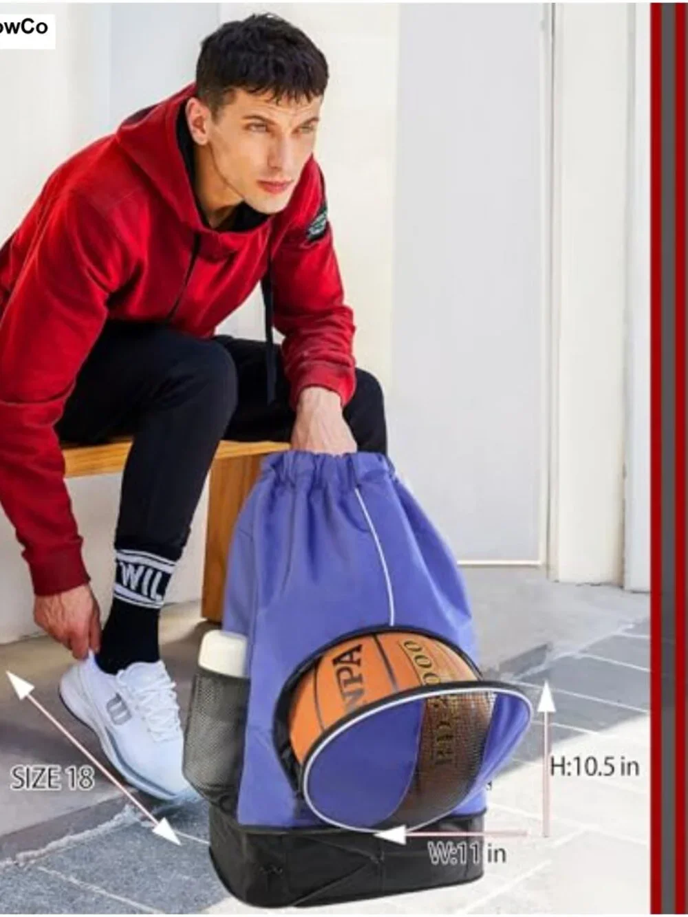 45L Drawstring Basketball Backpack Nylon Sports Bag Shoe Compartment Gym